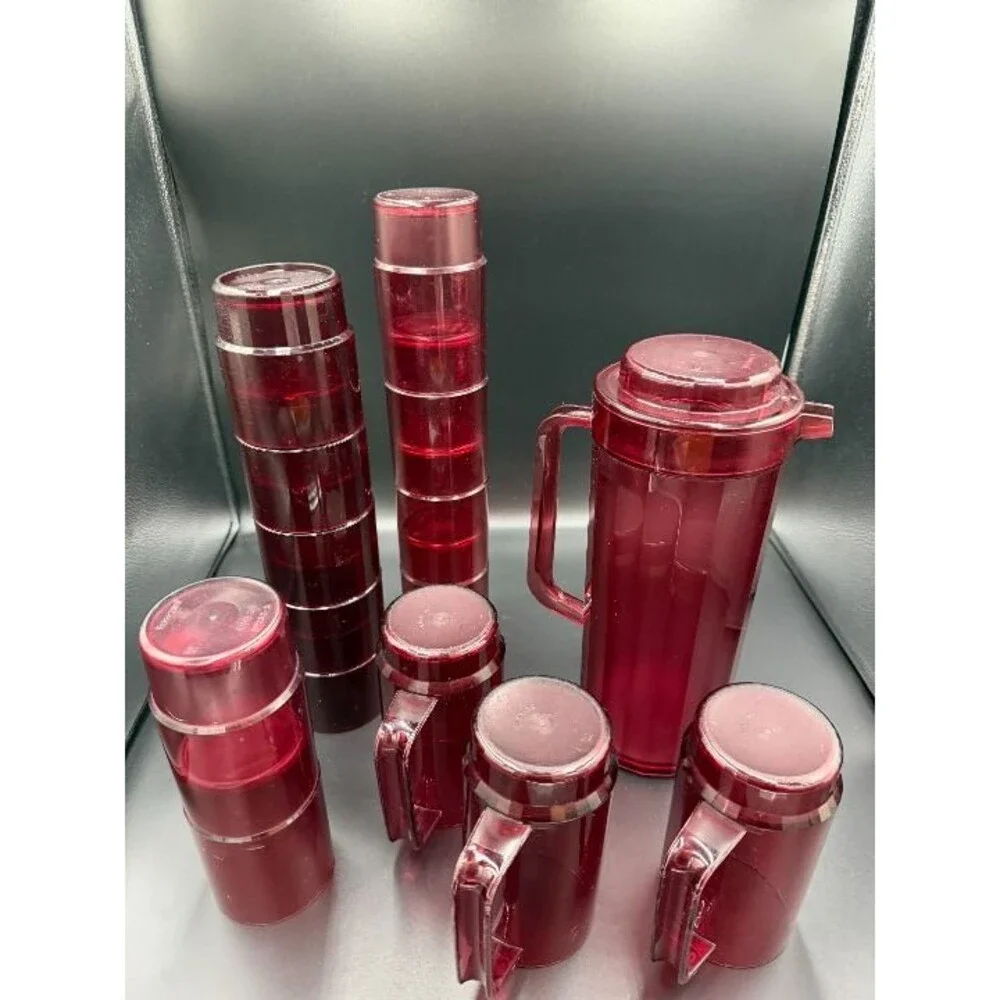 Vintage Tupperware Cranberry Red Ruby Acrylic Pitcher Cups Set 15 Preludio -Rare